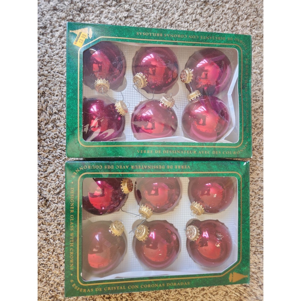 Christmas by Krebs 12pc Glass Ornaments Cranberry Red Gold Crowns Vintage USA